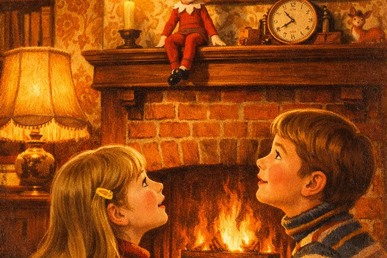 A 1970s family living room with a small pixie elf doll sitting on the mantelpiece while children look up at it