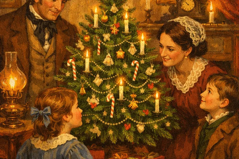 A 19th-century American parlour with white candy canes hanging on a decorated Christmas tree