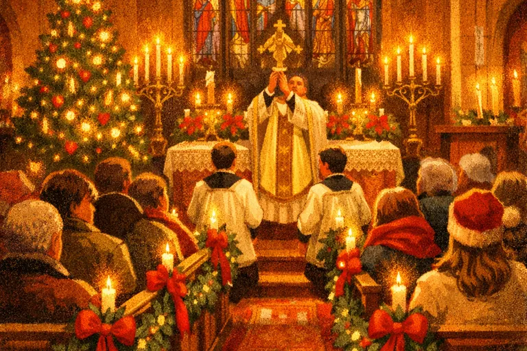 A candlelit church interior during Christmas Eve midnight mass