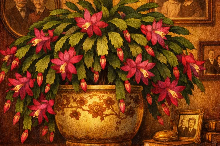 A century-old Christmas cactus with cascading blooms in an antique pot