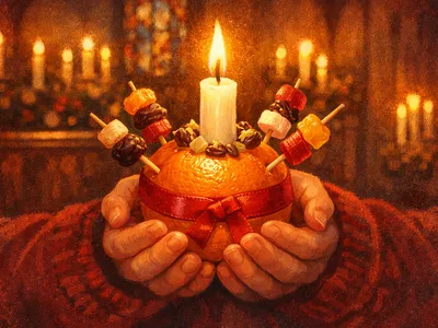 A child holding a glowing Christingle orange with lit candle, red ribbon, and fruit-topped cocktail sticks in a candlelit church