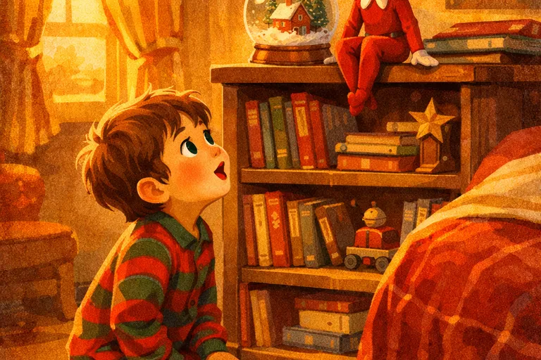 A child in pajamas looking up at an elf doll perched on a bookshelf in morning light