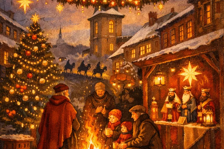 A European town square at twilight with Christmas decorations during the Twelve Days