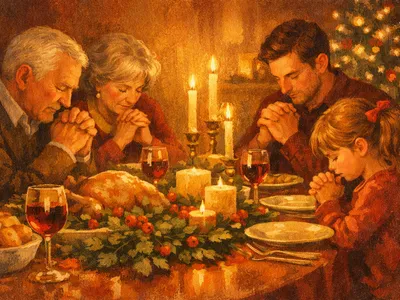 A family bowing their heads in prayer around a warmly lit Christmas dinner table with candles and evergreen decorations