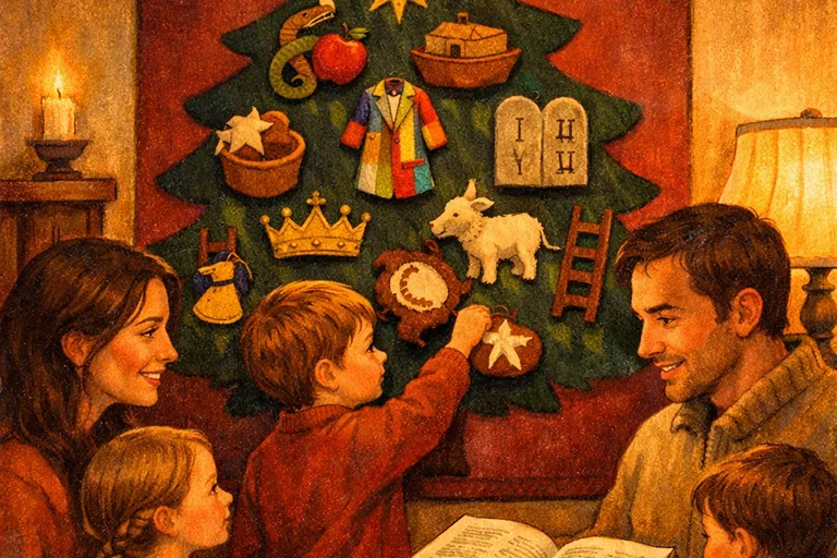 A family placing ornaments on a felt Jesse Tree while reading the Bible together
