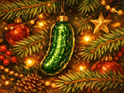 A glass Christmas pickle ornament hanging on a decorated Christmas tree branch among golden lights