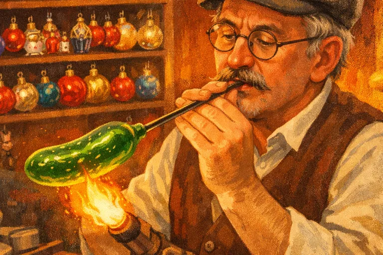A glassblower in Lauscha, Germany crafting a glass pickle ornament by hand