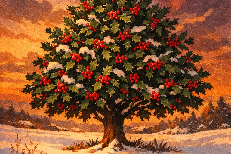 A holly tree standing in a snowy winter landscape at dusk