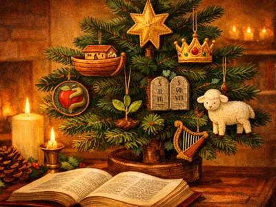 A Jesse Tree decorated with biblical symbol ornaments in a warm candlelit room with an open Bible