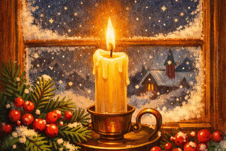 A lit candle glowing warmly in a window on Christmas Eve with evergreen branches and a snowy night outside