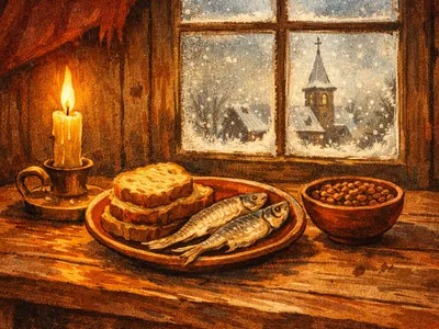 A simple fasting meal of bread and fish on a candlelit table before Christmas