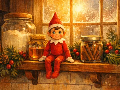 A small elf doll in a red suit sitting on a wooden kitchen shelf surrounded by holiday greenery and warm morning light