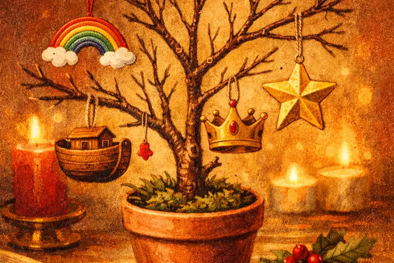 A small tabletop Jesse Tree with handcrafted biblical ornaments lit by warm candlelight