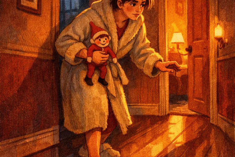 A tired parent sneaking through a hallway at night carrying a small elf doll