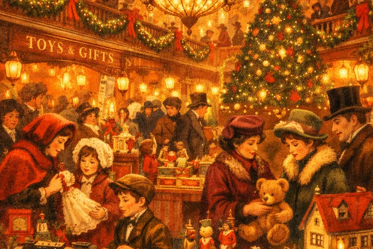 A Victorian-era department store bustling with Christmas shoppers