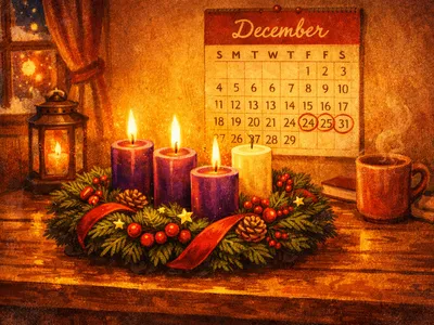 An Advent wreath with lit candles on a wooden table beside a December calendar