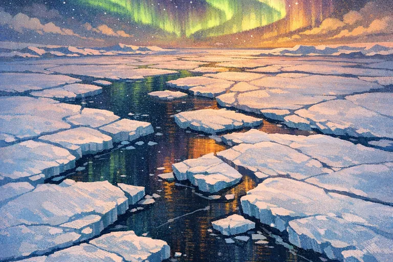 Aerial view of the cracked Arctic ice cap at the North Pole with aurora borealis glowing overhead