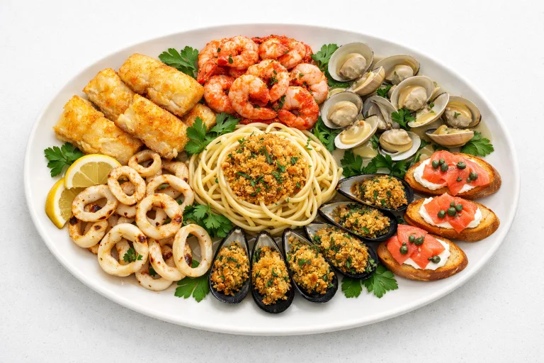 An Italian feast of seven fishes platter with baccala, shrimp, clams, linguine, calamari, mussels, and smoked salmon crostini