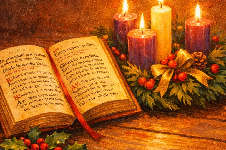 An open prayer book beside a lit advent wreath with candles and holly on a wooden table