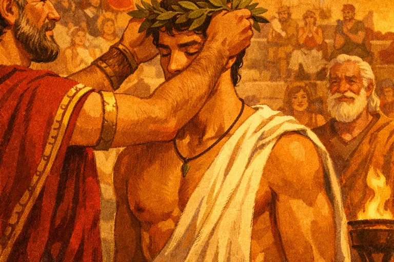 Ancient Greek athlete being crowned with an olive wreath at the games