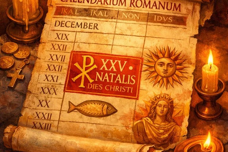 Ancient Roman calendar showing December 25 with early Christian and Roman symbols