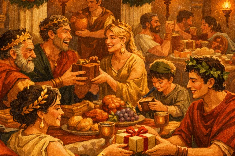 Ancient Roman Saturnalia celebration with feasting and gift-giving