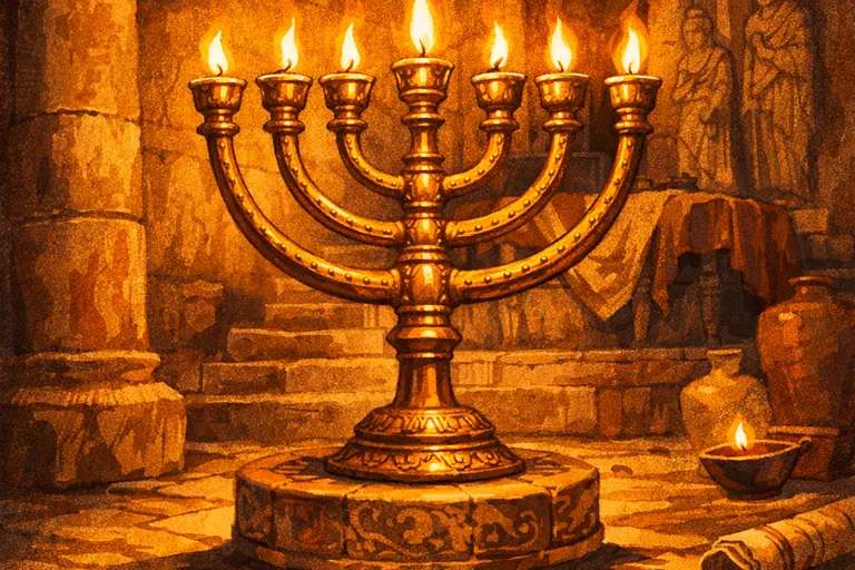 Ancient Temple menorah with oil flames burning in a stone interior