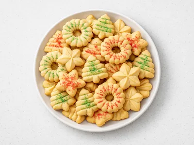Assorted Christmas spritz cookies in wreath, tree, and star shapes on a white plate, some dusted with red and green sugar crystals