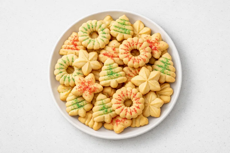 Assorted Christmas spritz cookies in wreath, tree, and star shapes on a white plate, some dusted with red and green sugar crystals