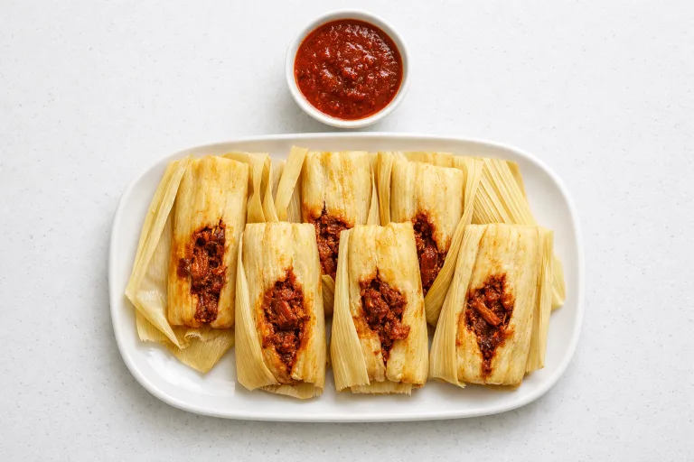 Authentic Mexican Christmas tamales with pork and red chile filling on a white ceramic platter, corn husks unwrapped to show steamed masa