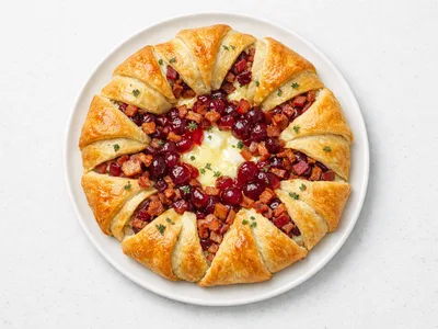 Bacon brie crescent wreath on a white plate, golden-brown flaky pastry filled with melted brie, crispy bacon, and cranberry sauce