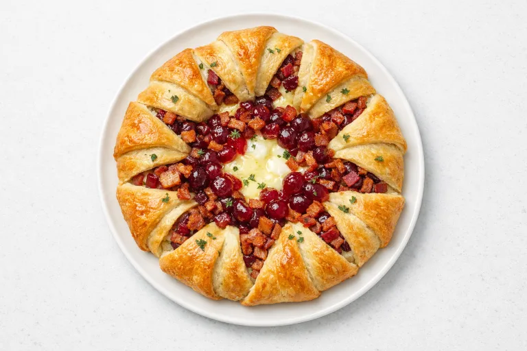 Bacon brie crescent wreath on a white plate, golden-brown flaky pastry filled with melted brie, crispy bacon, and cranberry sauce
