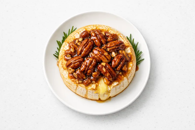 Baked brie with pecan praline topping on a white ceramic plate, cheese oozing at the edges