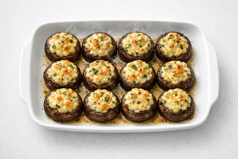 Baked Christmas stuffed mushrooms with cream cheese and parmesan on a white serving platter