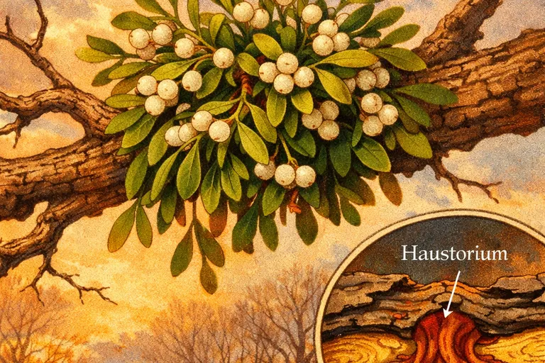 Botanical illustration of mistletoe growing on an oak branch showing white berries and parasitic root structure