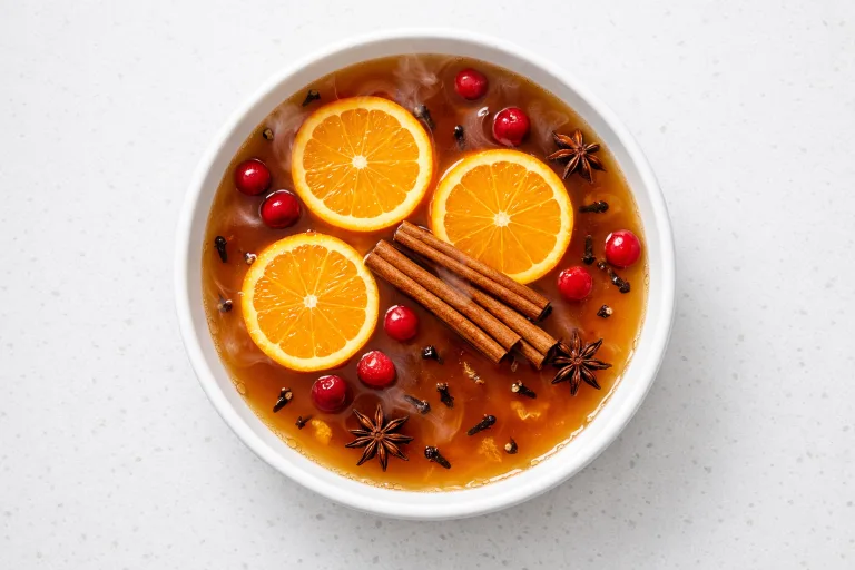 Bowl of traditional Christmas wassail with floating orange slices, cinnamon sticks, and cranberries