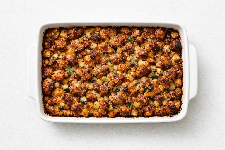 British Christmas sausage stuffing with sage and onion in a white baking dish