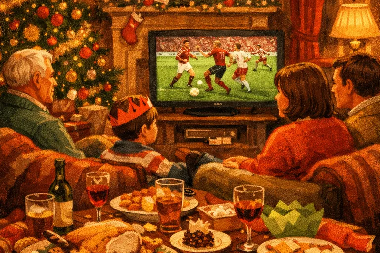 British family watching Boxing Day football at home with Christmas leftovers