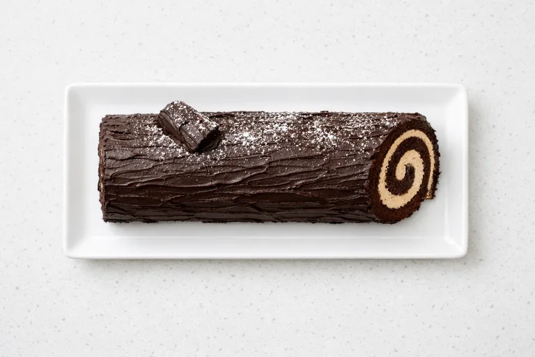 Buche de Noel French yule log cake with chocolate ganache bark and powdered sugar snow