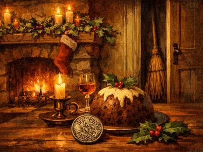 Candlelit Christmas Eve scene with holly, hidden broom, and silver sixpence near a Christmas pudding