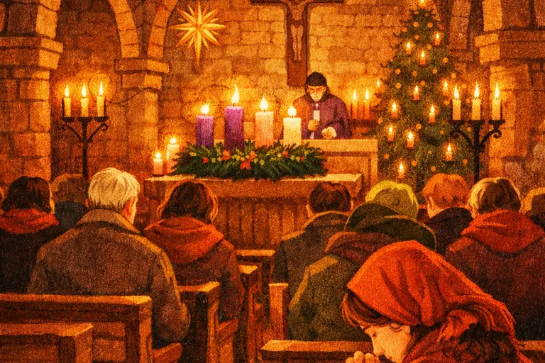 Candlelit church interior during Advent prayer vigil