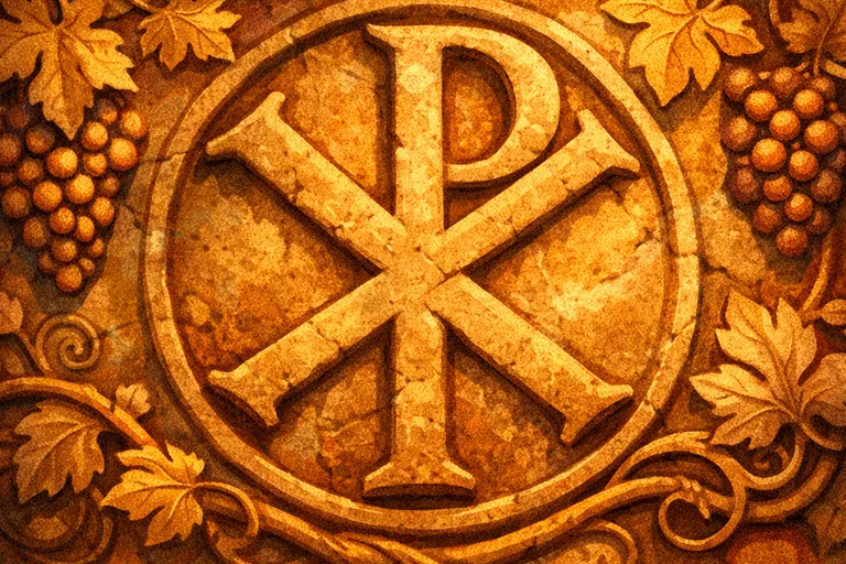 Carved Chi Rho symbol on an ancient Roman stone sarcophagus with decorative vine carvings