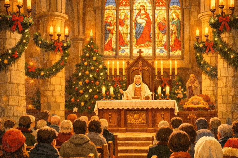 Cathedral interior during Christmas Day Mass with candles, garlands, and worshippers in pews
