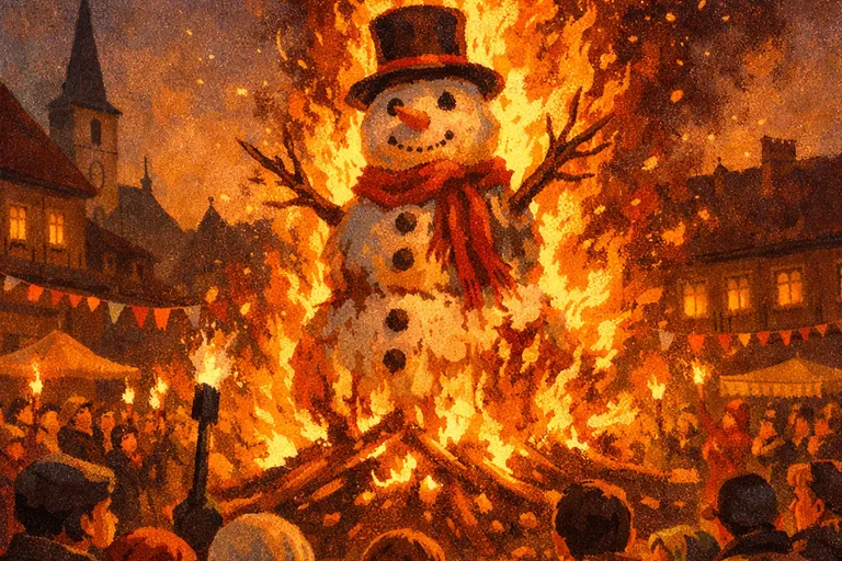 Ceremonial burning of a snowman effigy at a European spring festival
