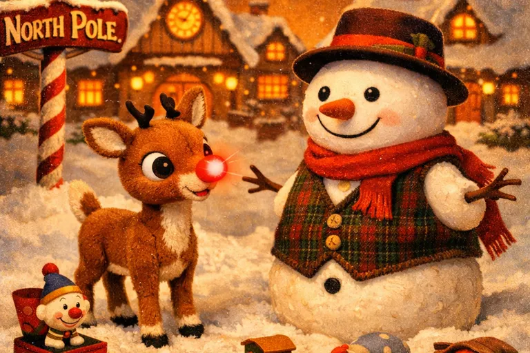 Characters from the classic Rudolph TV special including the reindeer and Sam the Snowman