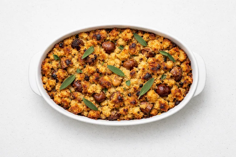 Chestnut cornbread dressing in a white oval baking dish, golden-brown top with roasted chestnuts and sage visible