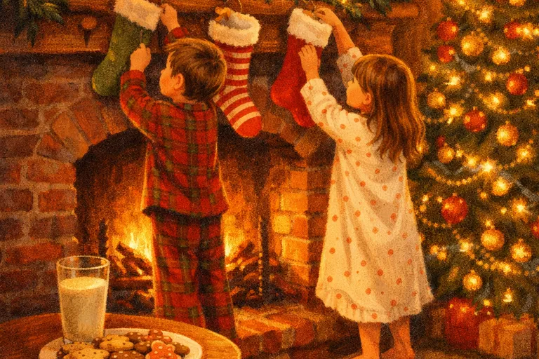 Children hanging stockings by the fireplace on Christmas Eve with cookies left for Santa
