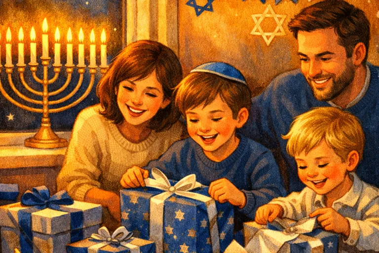 Children opening Hanukkah gifts in blue wrapping paper beside a lit menorah