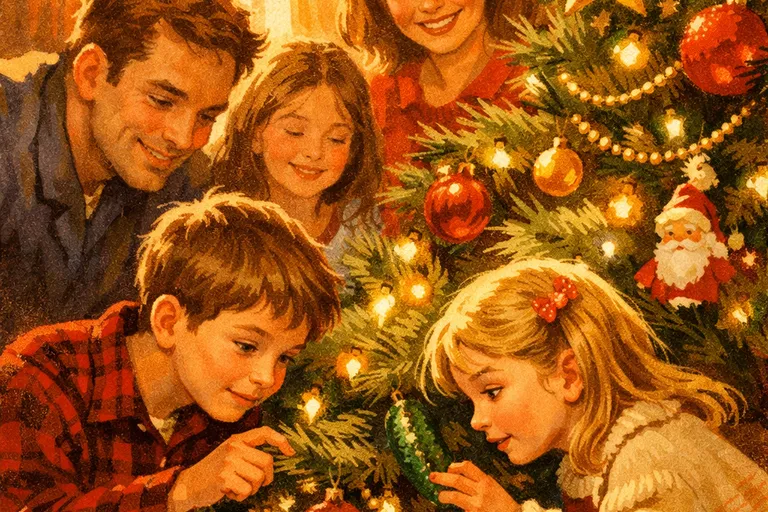 Children searching a Christmas tree for a hidden pickle ornament on Christmas morning