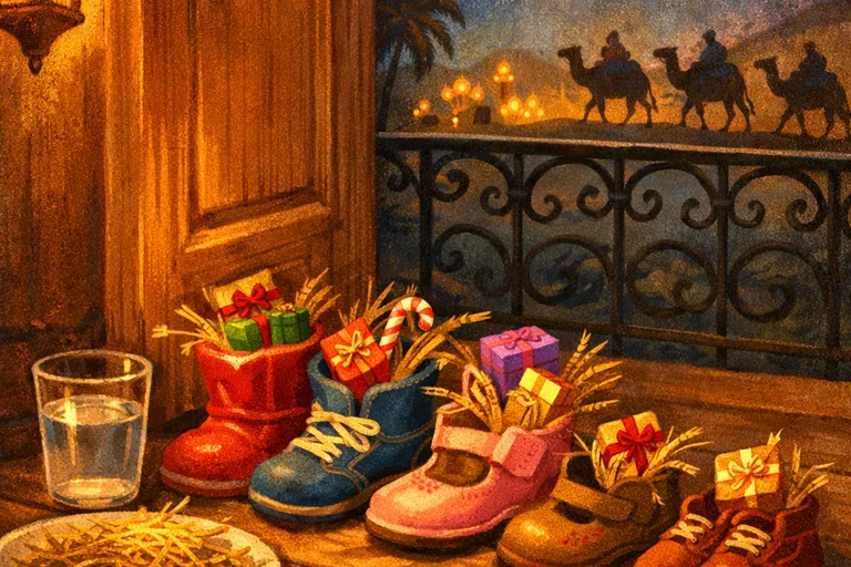 Children's shoes filled with gifts on a balcony on Three Kings Eve